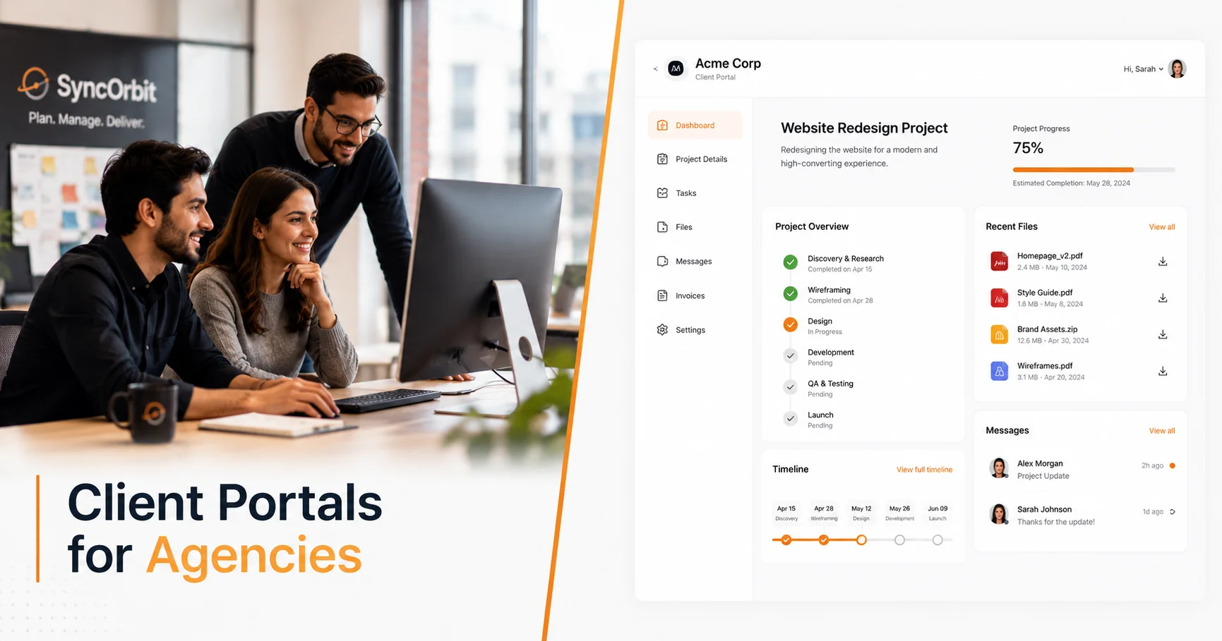 Agency client portal interface showing project progress, deliverables, and feedback threads