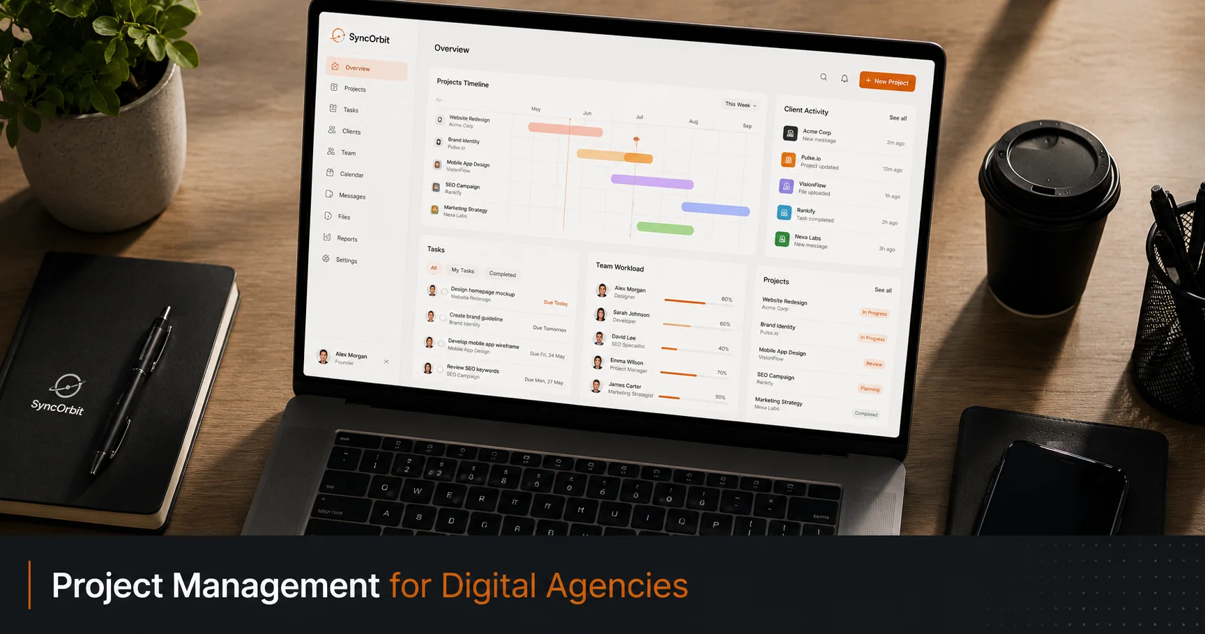 Project management dashboard for digital organizations showing tasks, timelines, and client projects