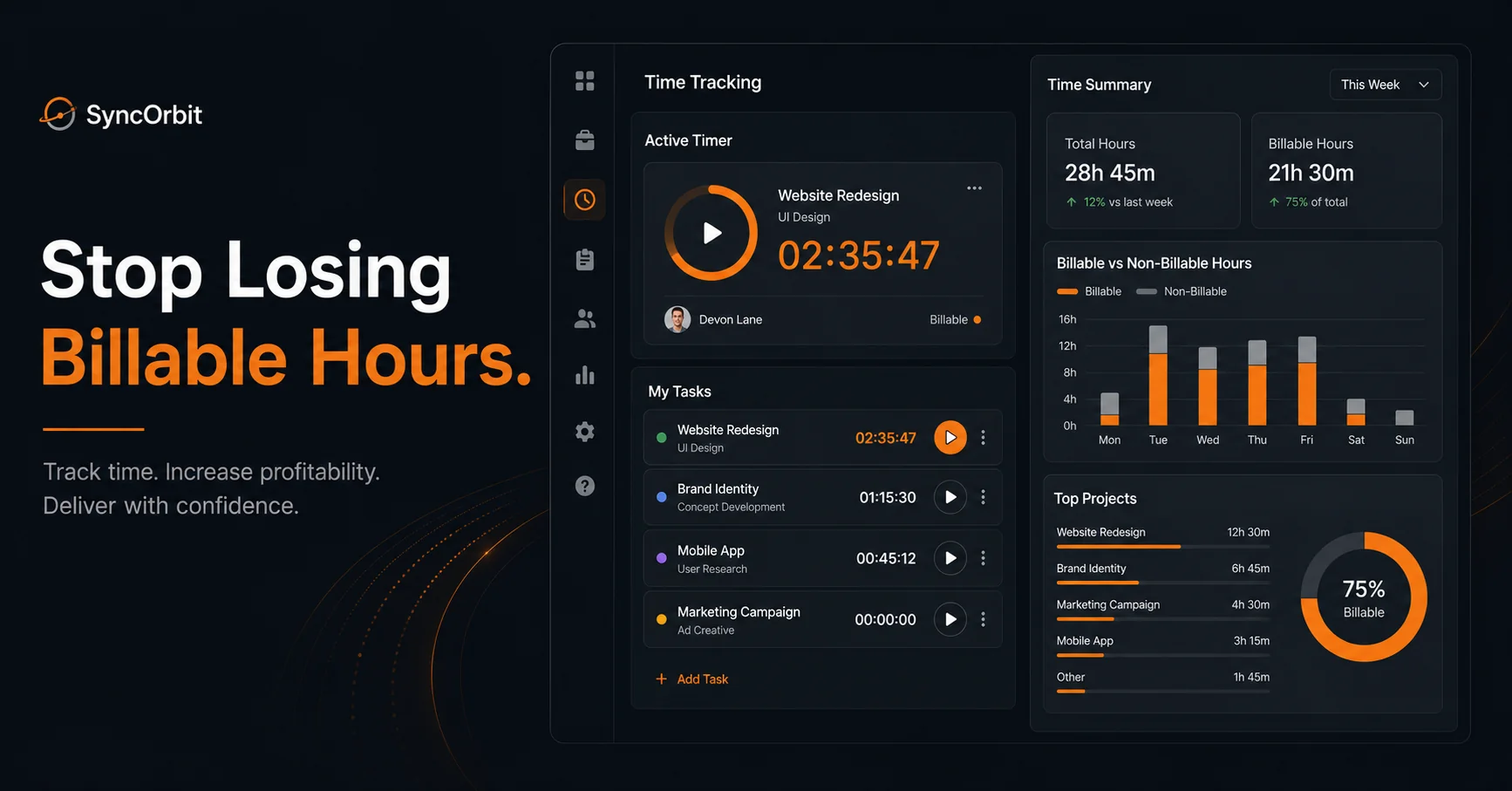 Time tracking dashboard for digital organizations showing billable hours, project breakdowns, and client reports